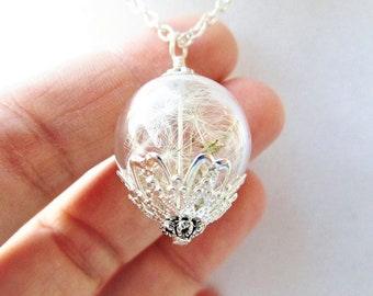 Dandelion Wish Necklace, Blown Glass Orb Terrarium in Bronze or Silver, Bridesmaid Gifts