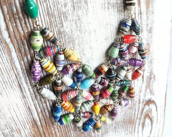 Colorful Hand-Rolled Paper Bead Bib Necklace, Boho Gifts For Her