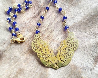 Beaded Royal Blue Crystal Chain & Gold Filigree Pendant Necklace