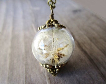 Dandelion Seed Filled Glass Orb Necklace in Bronze, Wish Necklace, Bridesmaid Gifts