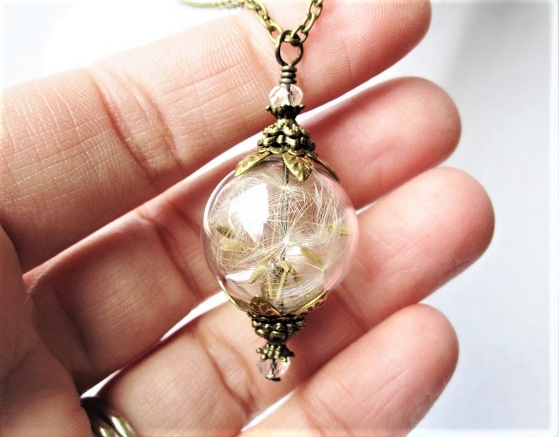 Dandelion Wish Glass Orb Necklace with Tiny Crystals Silver or Bronze, Terrarium Jewelry, Bridesmaid Gifts image 3
