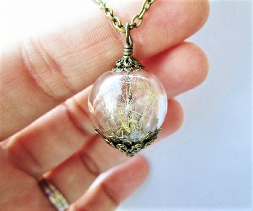 Dandelion Necklace, Blown Glass Orb Terrarium in Bronze or Silver, Br…