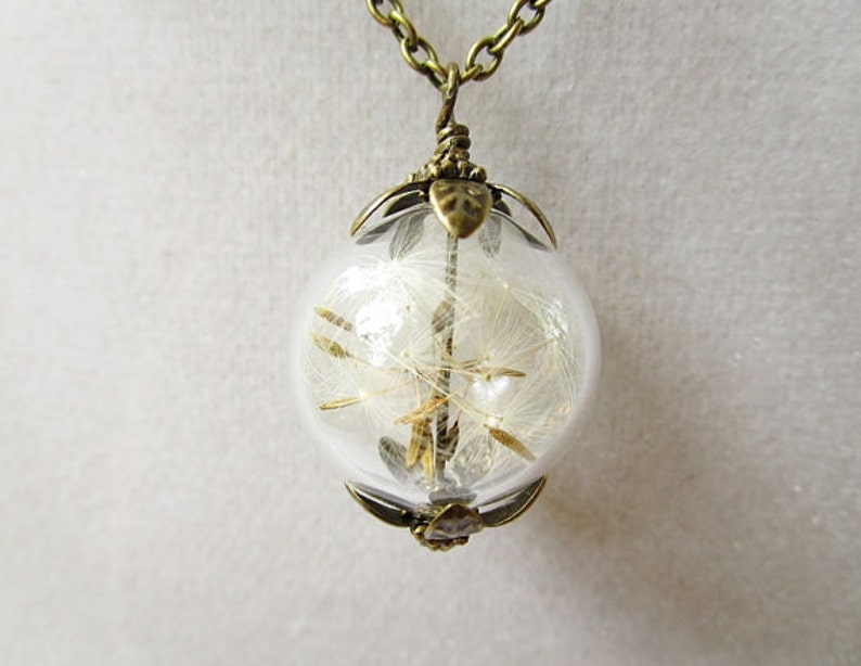 Dandelion Seed Filled Glass Orb Necklace in Bronze or Silver, Boho Bridesmaid Jewelry, Teacher Gift image 2