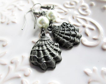 Antique Silver Shells & White Glass Pearl Dangle Earrings