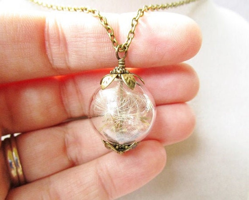 Dandelion Seed Filled Glass Orb Necklace in Bronze or Silver, Boho Bridesmaid Jewelry, Teacher Gift image 1