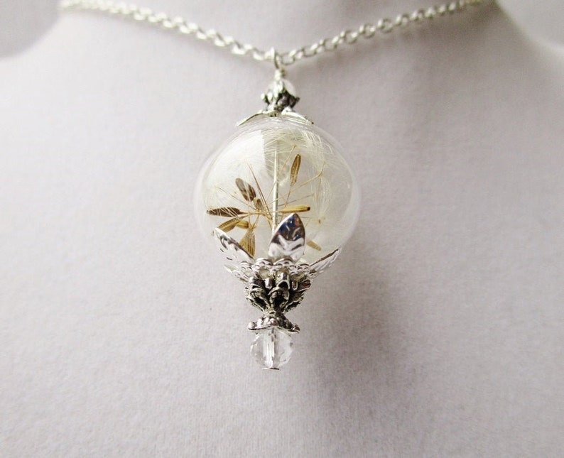 Dandelion Wish Glass Orb Necklace with Tiny Crystals Silver or Bronze, Terrarium Jewelry, Bridesmaid Gifts image 2