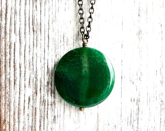 Round Green Fire Agate Stone & Long Bronze Layering Necklace, Boho Jewelry