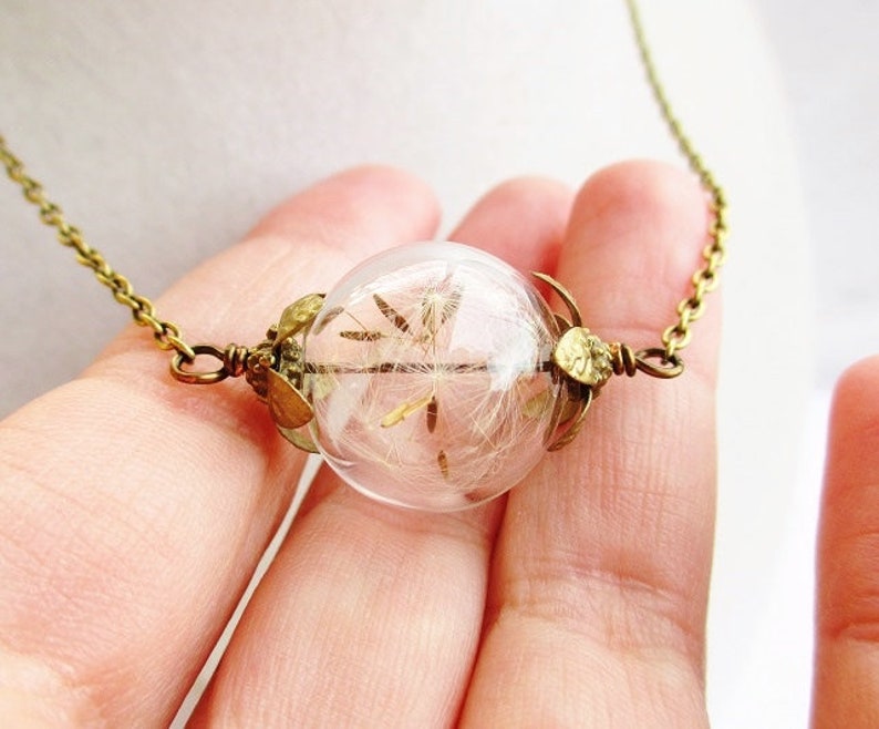 Terrarium Necklace, Dandelion Seed Glass Blown Orb Necklace in Silver or Bronze, Bridesmaid Gifts, Bridal Jewelry, Sentimental Gift image 4