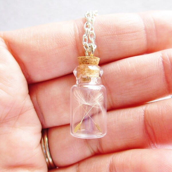 Real Dandelion Seed Glass Cork Bottle Necklace With 3 Wishes