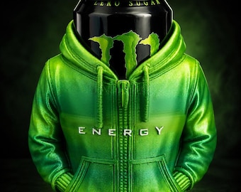 May include: A black Monster Energy drink can with a green claw logo and the text ZERO SUGAR, encased in a bright green, textured hoodie with a front zipper, ribbed cuffs, and the word ENERGY printed in white on the chest area.