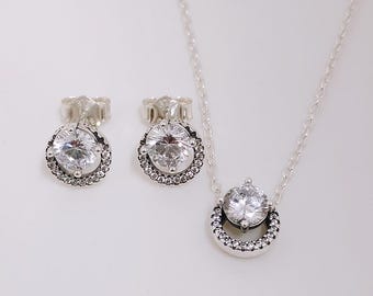 Necklace Gift Set Pandora Timeless Silver Sparkling Round Halo Stud Earrings