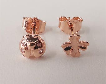 fourleaf clover and ladybird pandora rose studs earrings