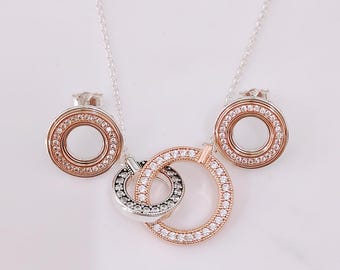 Two-Tone Necklace Stud Earrings Pandora 925 Sterling Silver