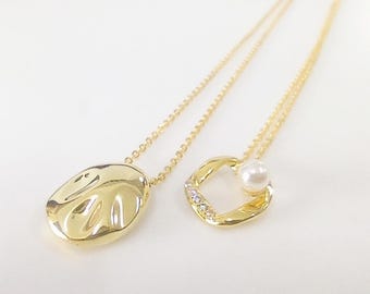 gold necklace set 45cm pandora organic shape round pendant