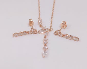 Rose Gold Sparkle Elegant Pandora Bright Flower Necklace Stud Earrings Set