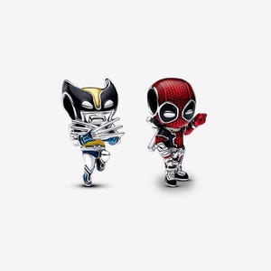 May include: Two metal charms featuring stylised character figures. One charm depicts a figure in a yellow, black, and blue suit with extended claws. The second charm depicts a figure in a red and black textured suit with white eye patches.