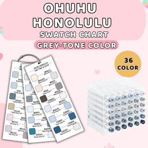 Op de afbeelding: OHUHU Honolulu grijstint kleurenwaaier met 36 kleuren. De afbeelding toont een set kleurmarkers en drie kleurstalenkaarten met kleurstalen. De markers zitten in een doorzichtige plastic houder. De kleurstalenkaarten zijn bevestigd met een metalen ring.
