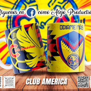 May include: Two white-handled coffee mugs with Club America logos. One mug features a yellow eagle design, the other a yellow shield with the text "ODIAME MÁS". The background is yellow with blue and red accents. The text "CLUB AMERICA" is at the bottom.