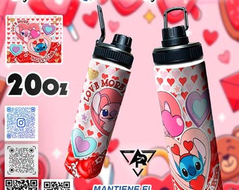 Design para copo térmico Stitch para o Dia dos Namorados, personagem fofo, estampa de corações e rosas para sublimação, arquivo digital para copo térmico fino de 590ml, presente romântico
