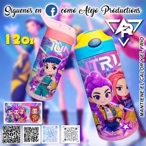May include: Two colorful water bottles with cartoon character designs. One is pink and blue, the other is yellow and blue. The bottles have the text "UNTRIX" and "12oz" printed on them. The bottles are designed to keep drinks cold.