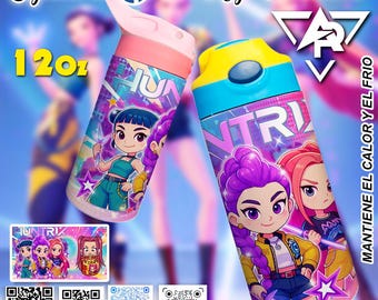 Copo térmico Kpop Demon de 355 ml (12 oz) Huntr-ixs Girls Skinny Tumbler, ídolo Kpop, Mira, Rumi, Joey, Saja Boy Hunter Tumbler em formato PSD e PNG.