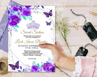 Convite e modelo de verso EDITÁVEL para festa de 15 anos, flores roxas, borboleta e marmelo prateado, para 16 anos, para impressão