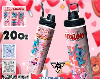 Design para copo térmico Stitch para o Dia dos Namorados, personagem fofo, estampa de corações e rosas para sublimação, arquivo digital para copo térmico fino de 590ml, presente romântico