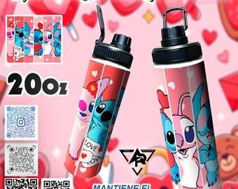 Copo térmico Stitch para o Dia dos Namorados, copo fino de 590ml, adesivo floral Stitch para copo térmico, design para sublimação, arquivo digital PNG e PSD.
