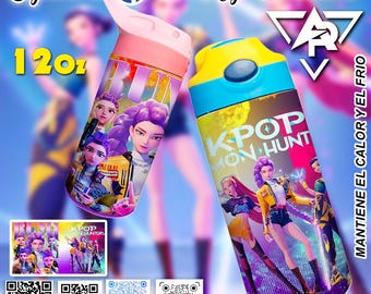 Copo térmico fino de 355ml (12oz) K-Pop Demon Hunters. Hunterx Rumi Zoey Mira PNG e PSD digital.