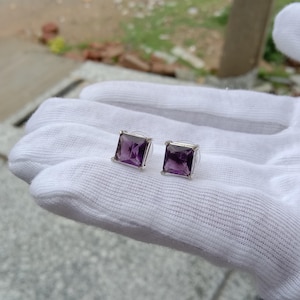 Genuine Amethyst Earring 925 Sterling silver Earring Handmade Stone Cushion Cut Stud Earring Jewelry Gift For Girls Women&#39;s