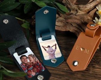 Leather Keychain with Photo, Personalized Gifts for Him, Picture Key Chain, Leather Accessory, Gift for Man, Husband, Boyfriend, Dad, Papa