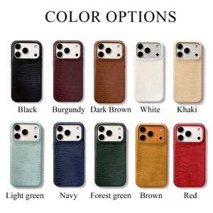May include: Ten smartphone cases with a textured lizard-skin pattern, arranged in two rows. Colors include black, burgundy, dark brown, white, khaki, light green, navy, forest green, brown, and red. Each case features a cutout for a camera array.