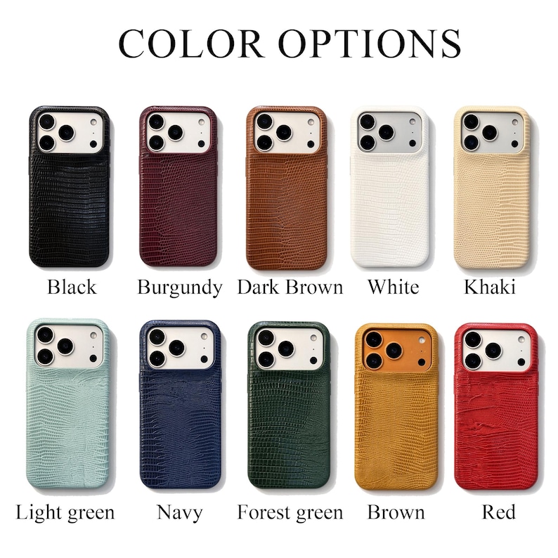 May include: Ten smartphone cases with a textured lizard-skin pattern, arranged in two rows. Colors include black, burgundy, dark brown, white, khaki, light green, navy, forest green, brown, and red. Each case features a cutout for a camera array.
