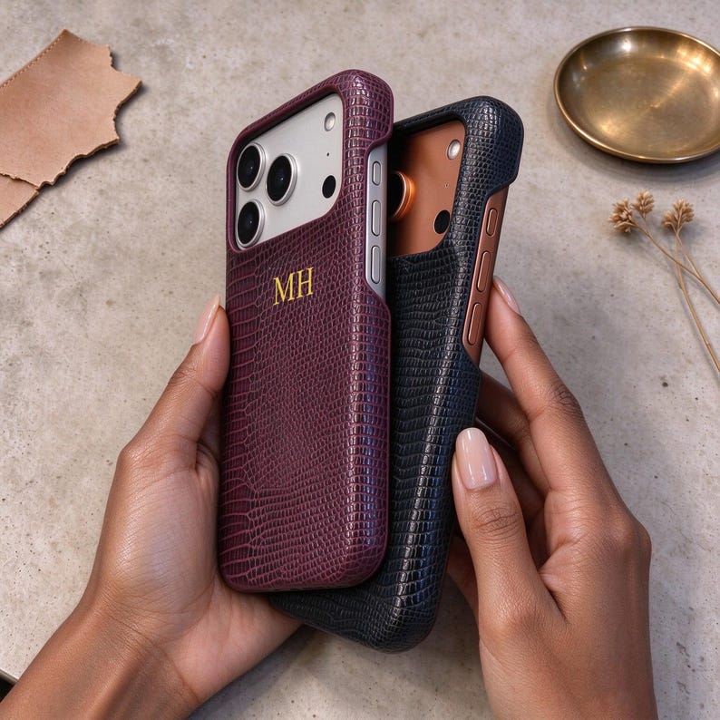 Leather Burgundy iPhone Case, Personalized Phone Case for iPhone 18 17 16 Pro Max, Textured Initials Case image 7
