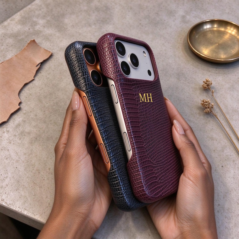 Leather Burgundy iPhone Case, Personalized Phone Case for iPhone 18 17 16 Pro Max, Textured Initials Case image 6