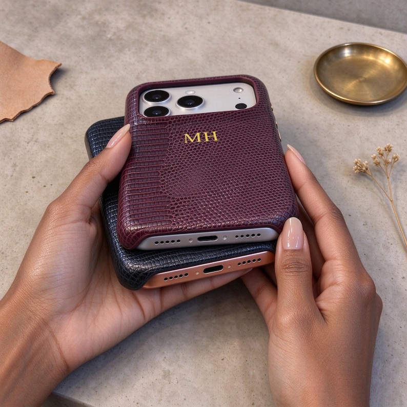 Leather Burgundy iPhone Case, Personalized Phone Case for iPhone 18 17 16 Pro Max, Textured Initials Case image 8
