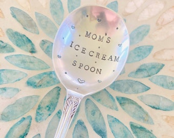 Vintage stamped spoon - Mom's Ice Cream spoon, hand stamped, gift under 15, ready to ship, Christmas, Silver plated, Mom Birthday, Love