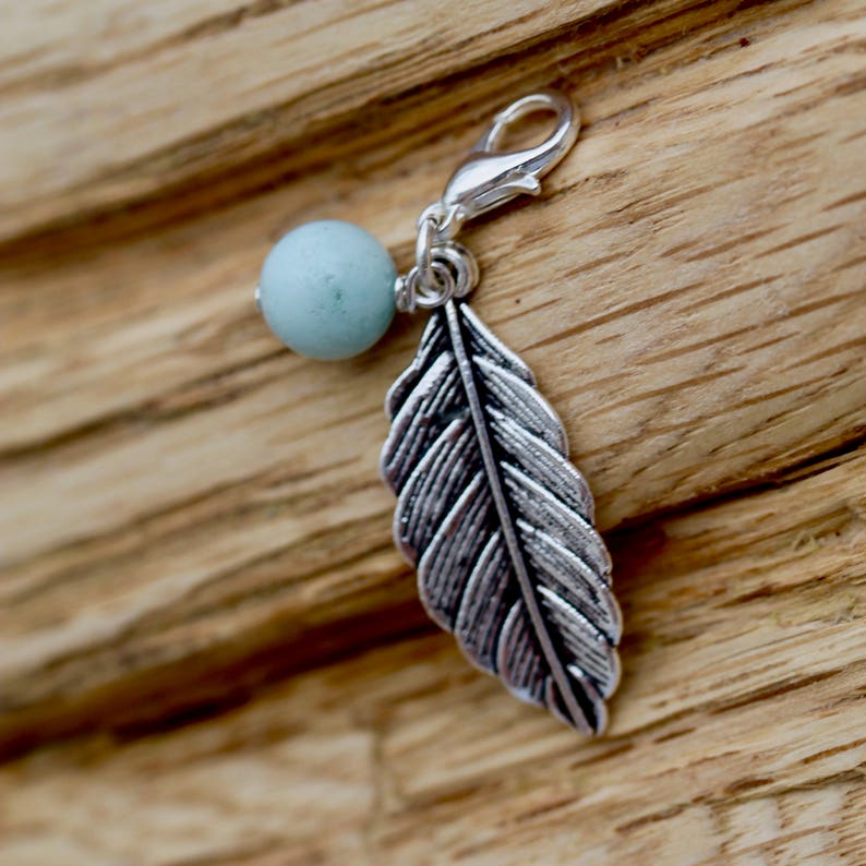 stocking filler for her zipper purse Clip on charm Curved feather with Amazonite drop detail by Twinkle Jewellery journal charm
