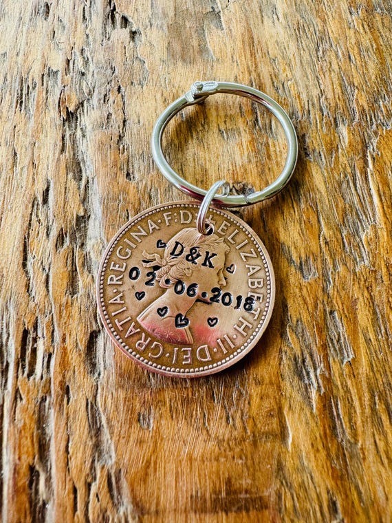 Personalized Lucky Penny Keychain: Stamped Initials, Date - UK Vintage Coin