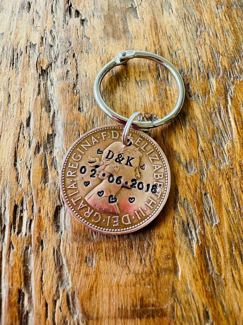 Personalized Lucky Penny Keychain: Stamped Initials, Date - UK Vintage Coin image 1