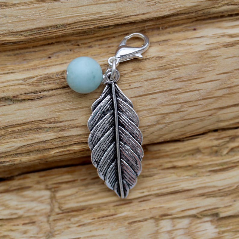 stocking filler for her zipper purse Clip on charm Curved feather with Amazonite drop detail by Twinkle Jewellery journal charm