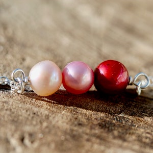 Sterling Silver bracelet with Red, Pink & Peach Freshwater Pearl, gemstone, bar, delicate, bridesmaid, Christmas, wedding, Valentines, love image 1