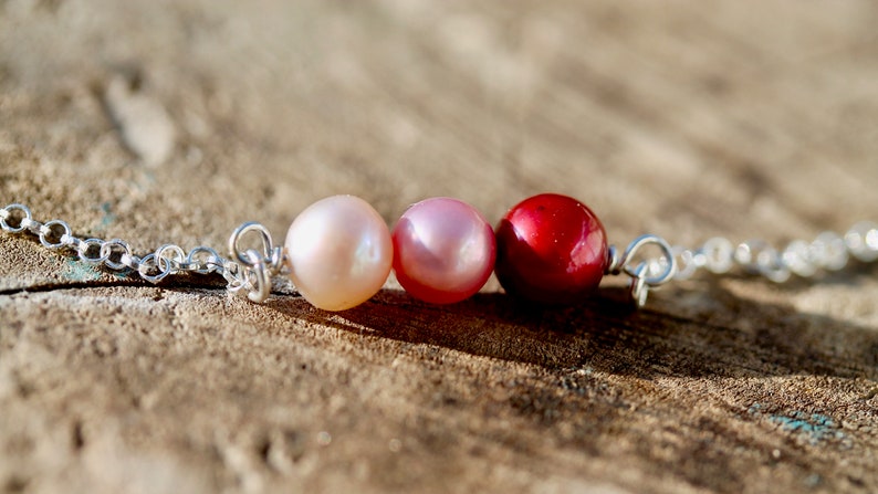 Sterling Silver bracelet with Red, Pink & Peach Freshwater Pearl, gemstone, bar, delicate, bridesmaid, Christmas, wedding, Valentines, love image 1