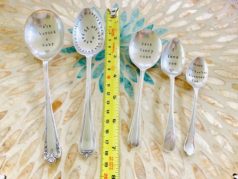 Design your own hand stamped vintage spoon custom spoon design, choice of sizes, birthday, wedding, anniversary, friendship, gift, love image 2