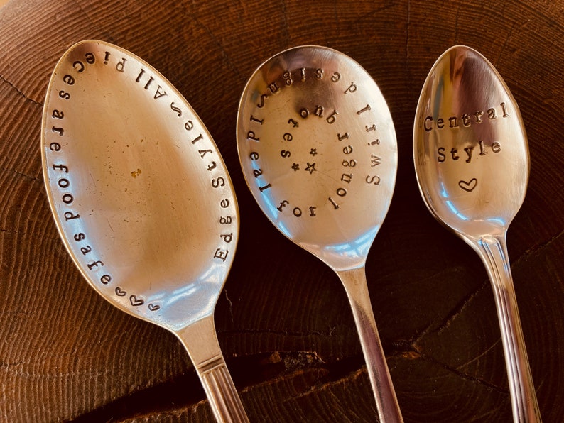 Design your own hand stamped vintage spoon custom spoon design, choice of sizes, birthday, wedding, anniversary, friendship, gift, love image 1