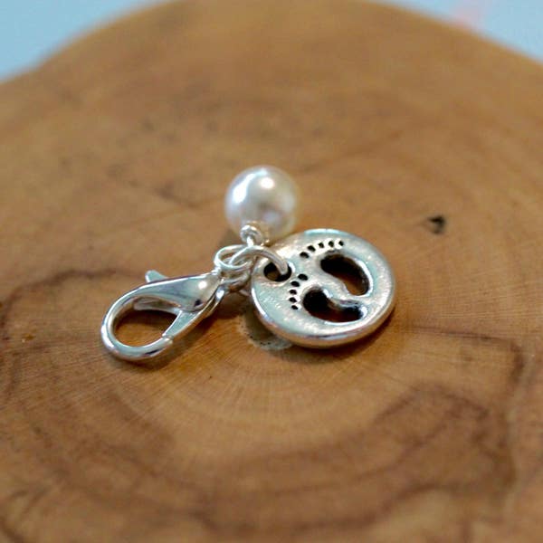 Clip on charm - Baby footprint with Glass Crystal pearl by Twinkle Jewellery, Love, baby feet, talipes, clubfoot, zipper