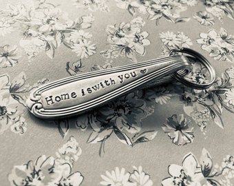 Vintage spoon handle keyring - Home is with you, hand stamped, eco friendly, letterbox gift, made in the Cotswolds, gift under 10, new home