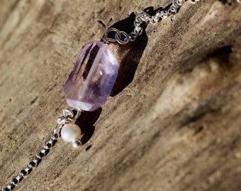 Pink Amethyst Sterling Silver Bracelet: Cream Pearl Gemstone Jewelry