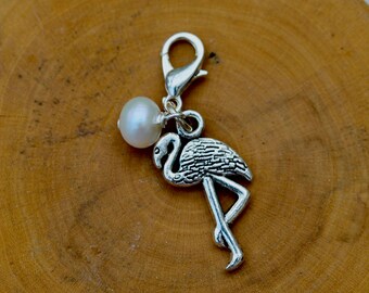 Clip on charm - Flamingo with Cream Freshwater Pearl drop by Twinkle Jewellery, journal, zip, purse, charm bracelet, kitsch, stocking filler