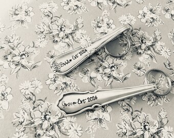 Set of two vintage spoon handle keyrings - Bride Est 2024, Groom Est 2024, wedding day gift, unique, made in the Cotswolds, ready to ship